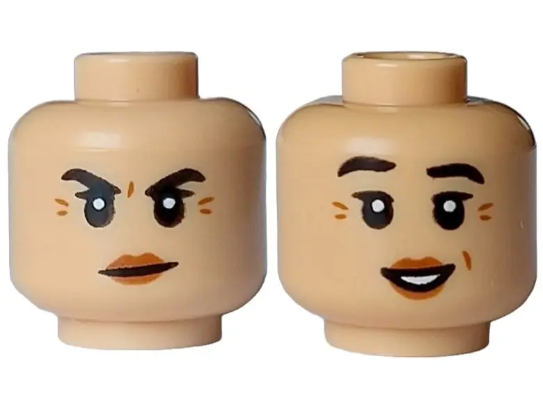 Medium Tan Minifigure, Head Dual Sided Female Black Eyebrows Raised, Dark Orange Wrinkles and Lips, 