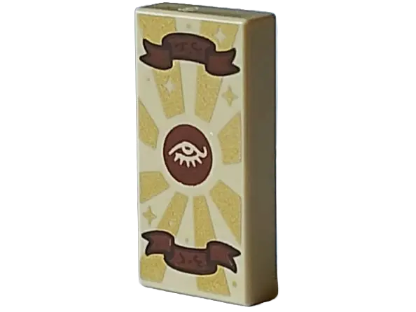 Tan Tile 1 x 2 with Gold Sun Rays, Reddish Brown Circle with Eye and Banners with Dark Brown Text Pa