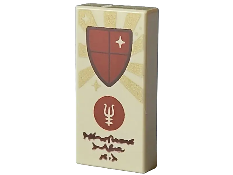 Tan Tile 1 x 2 with Gold Sun Rays, Reddish Brown Shield with Star and Circle with Symbol and Dark Br
