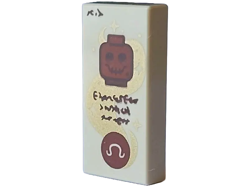 Tan Tile 1 x 2 with Reddish Brown Minifigure Head Skeleton and Circle with Omega Sign, Gold Swirl wi
