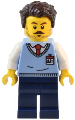 Natural History Museum Employee - Male, Bright Light Blue Sweater Vest with ID Badge, Dark Blue Legs