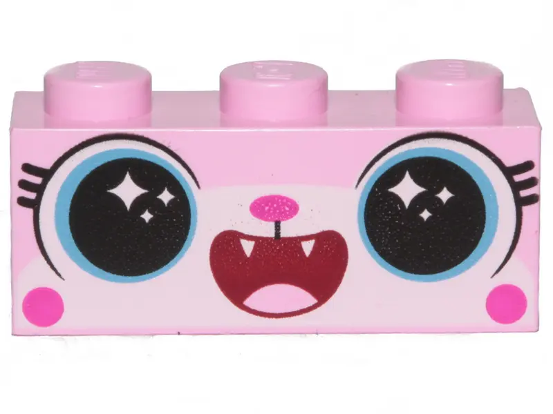 Bright Pink Brick 1 x 3 with Cat Face Open Mouth Smile Showing Tongue and Teeth Pattern (Disco Kitty