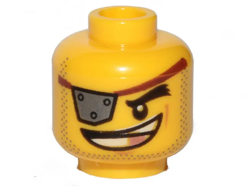 Yellow Minifigure, Head Male Silver Eye Patch with Rivets, Wide Smile with Copper Tooth, Stubble Pat