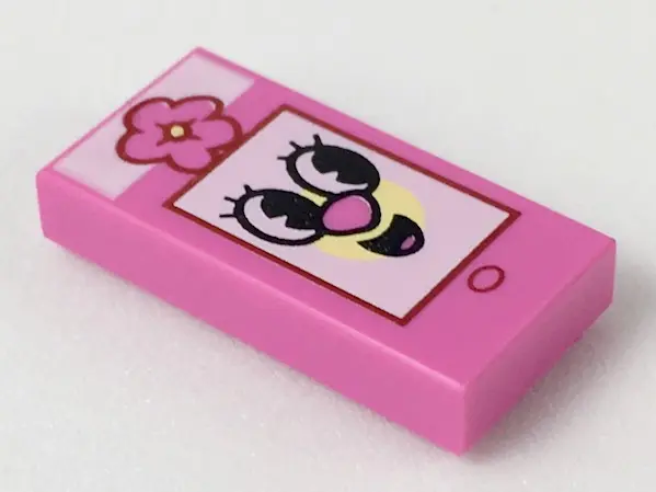 Dark Pink Tile 1 x 2 with PowerPuff Cell Phone / Smartphone with Flower Bow Pattern