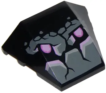 Black Wedge 4 x 3 Triple Curved No Studs with Cracked Rock Face with Eyes Pattern
