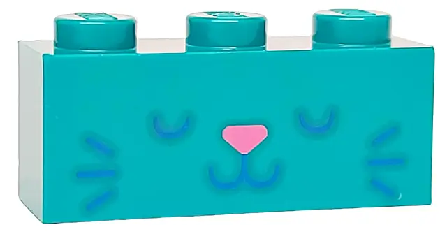 Dark Turquoise Brick 1 x 3 with Cat Face with Dark Blue Eyes, Whiskers and Mouth and Dark Pink Nose 