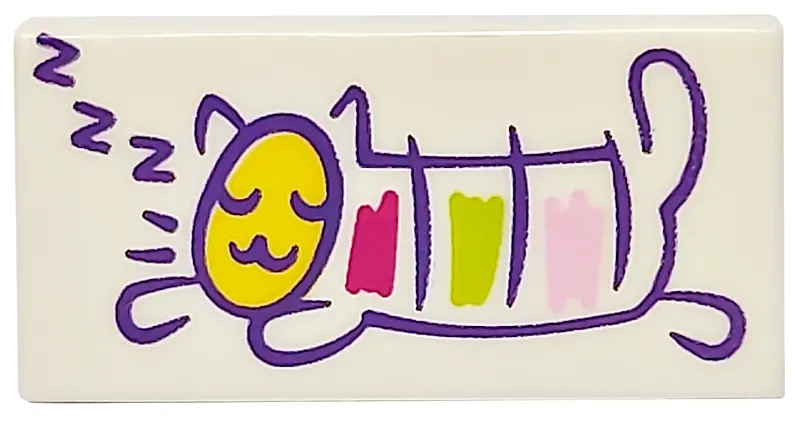 White Tile 1 x 2 with Dark Purple 'zzz' and Sleeping Cat with Yellow Head, Bright Pink, Lime and Mag