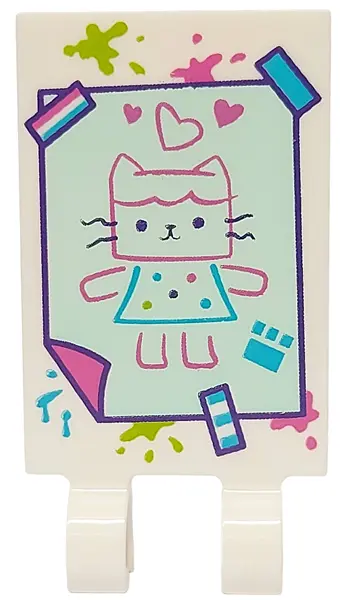 White Tile, Modified 2 x 3 with 2 Open O Clips with Light Aqua Cat Picture with Hearts, Tape and Dar