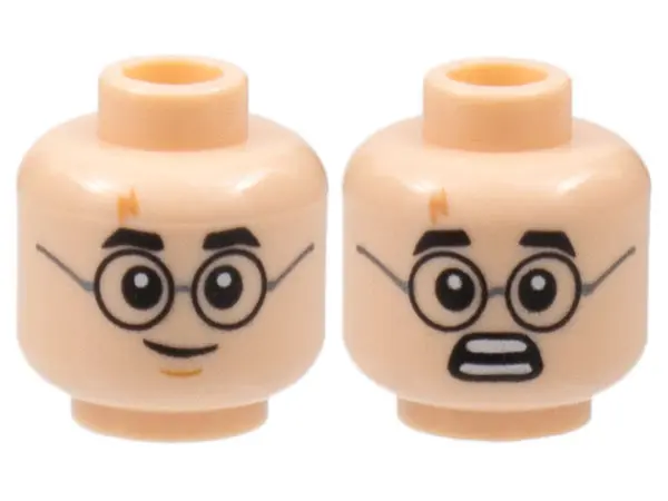 Light Nougat Minifigure, Head Dual Sided Black Thick Eyebrows, Round Glasses with Dark Silver Temple