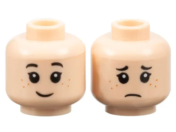 Light Nougat Minifigure, Head Dual Sided Child Female Black Eyebrows, Eyelashes, Dark Orange Freckle