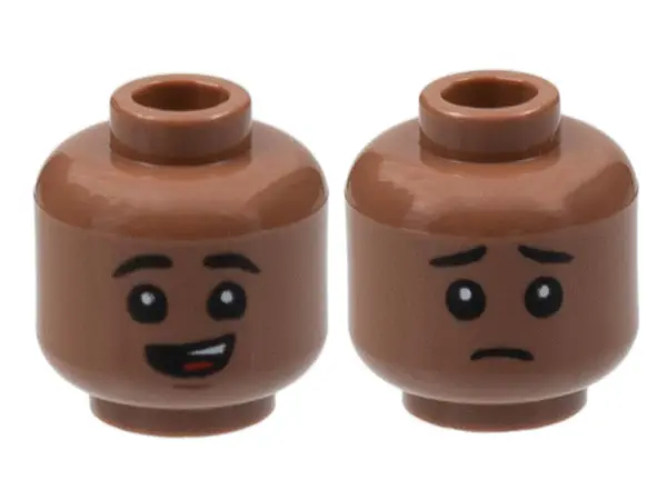 Medium Brown Minifigure, Head Dual Sided Child Black Eyebrows, Lopsided Open Mouth Smile with Top Te