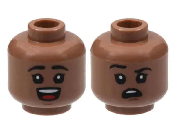 Medium Brown Minifigure, Head Dual Sided Child Black Eyebrows, Open Mouth Smile with Top Teeth and R