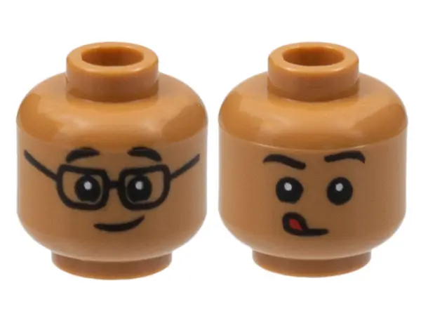 Medium Nougat Minifigure, Head Dual Sided Child Black Eyebrows, Glasses and Grin / Closed Mouth with