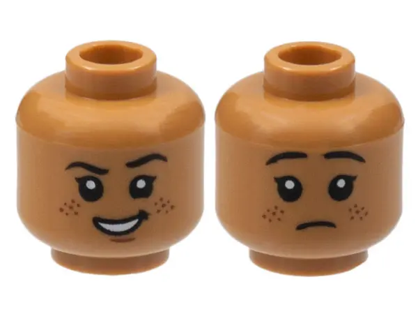 Medium Nougat Minifigure, Head Dual Sided Child, Black Eyebrows and Eyes with White Pupils, Smirk wi