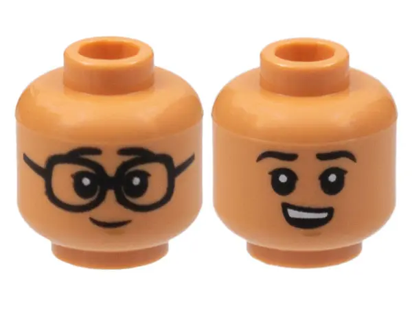 Nougat Minifigure, Head Dual Sided Child, Black Eyebrows and Eyes with White Pupils, Glasses / Smirk