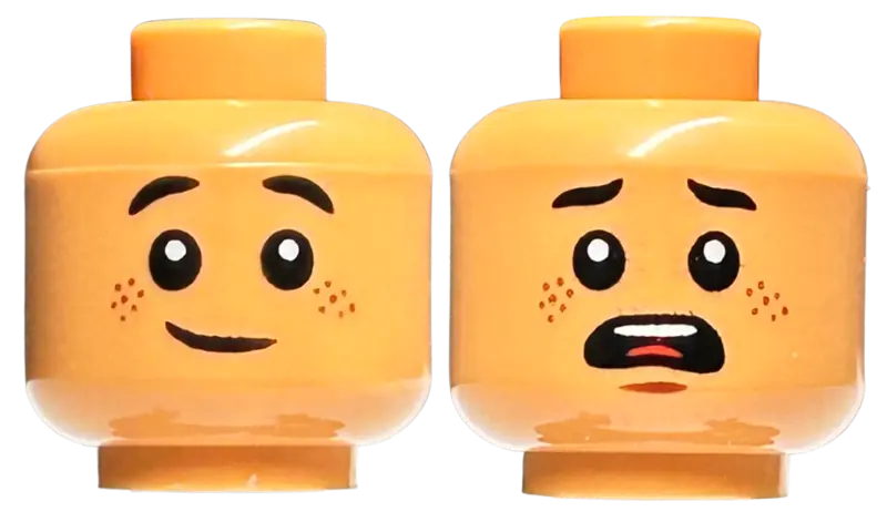 Nougat Minifigure, Head Dual Sided Child, Reddish Brown Freckles, Grin / Scared Open Mouth, Black Ey