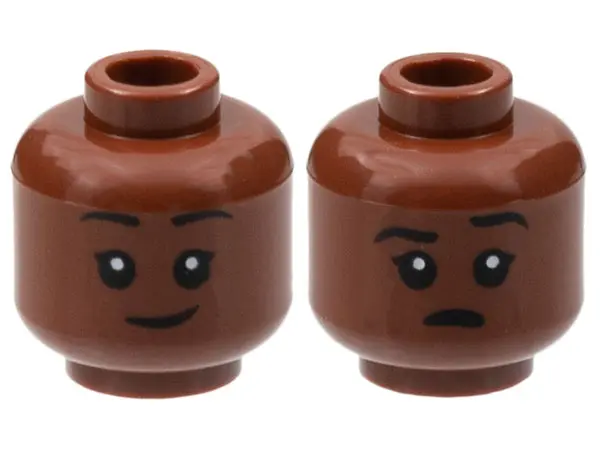 Reddish Brown Minifigure, Head Dual Sided Child Black Eyebrows, Smirk / Open Mouth with Left Eyebrow