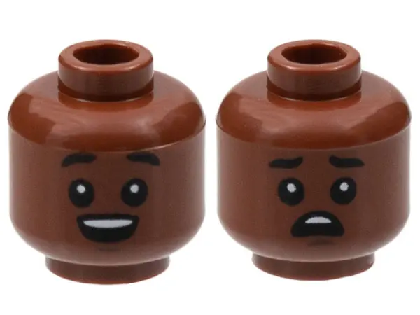 Reddish Brown Minifigure, Head Dual Sided, Black Eyebrows Raised and Eyes with White Pupils, Open Mo