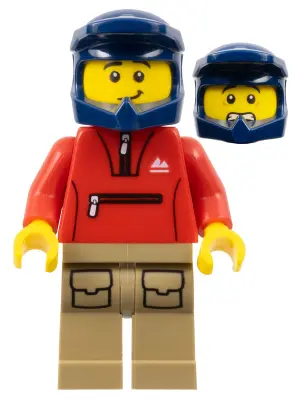 Mountain Bike Cyclist - Male, Red Tracksuit, Dark Tan Legs with Pockets, Dark Blue Dirt Bike Helmet,