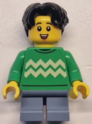 Child - Boy, Bright Green Sweater with Bright Light Yellow Zigzag Lines, Sand Blue Short Legs, Black
