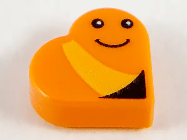 Orange Tile, Round 1 x 1 Heart with Worm, Bright Light Orange Stripe, Black Eyes and Smile Pattern (