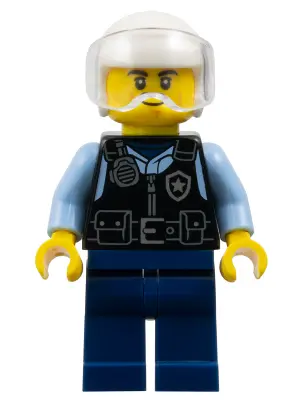 Police - City Officer Male, Black Safety Vest with Silver Star Badge Logo, Dark Blue Legs, White Hel