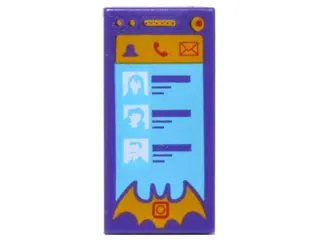 Dark Purple Tile 1 x 2 with Smartphone with Contact, Phone, Mail and Batgirl Logo Shape Pattern
