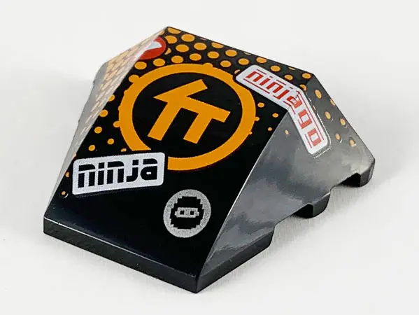 Black Wedge 4 x 3 Triple Curved No Studs with Orange Ninjago C Symbol in Circle, Orange Dots, 'ninja
