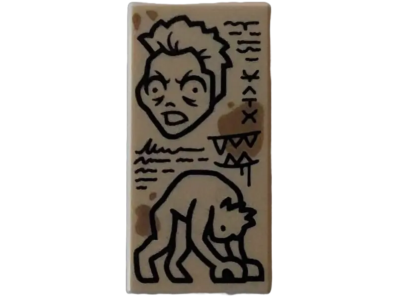 Tan Tile 1 x 2 with Black Scribbles and Sketches of Monster Hyde and Dark Tan Stains Pattern