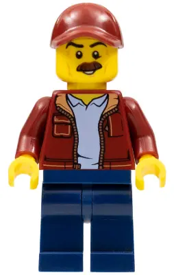 Man, Dark Red Jacket with Bright Light Blue Shirt, Dark Blue Legs, Dark Red Cap with Hole, Moustache