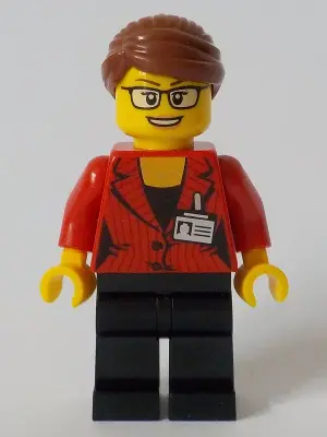 Reporter - Female, Red Suit Jacket with ID Badge, Black Legs, Reddish Brown Hair Swept Back into Bun