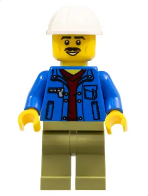 Truck Driver - Blue Jacket over Dark Red V-Neck Sweater, Olive Green Legs, White Construction Helmet