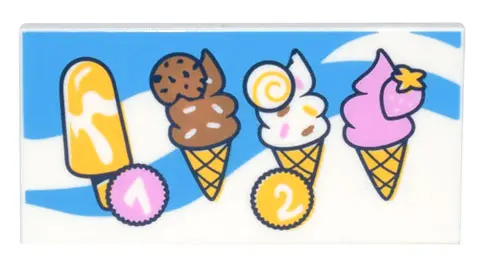White Tile 2 x 4 with Menu with Popsicle, 3 Ice Cream Cones, and Circles with Numbers 1 and 2 on Dar