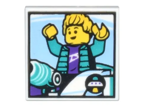 White Tile 2 x 2 with Space Ride Photo of Minifigure with Raised Arms with Dark Turquoise Jacket and