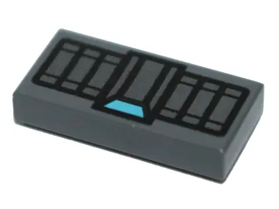 Dark Bluish Gray Tile 1 x 2 with Silver Rectangles and Medium Azure Trapezoid Pattern [Black Widow C