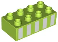 Lime Duplo, Brick 2 x 4 with 5 White Vertical Stripes Pattern