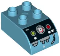 Medium Azure Duplo, Brick 2 x 3 Slope Curved with Lime and Red Buttons, Gauge, and White Cups on Bla