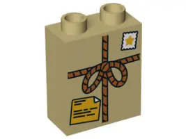 Tan Duplo, Brick 1 x 2 x 2 with Tied Parcel with Star Stamp and Orange Shipping Label Pattern