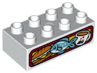 White Duplo, Brick 2 x 4 with Sandwich, Fish and Coffee Cup Pattern