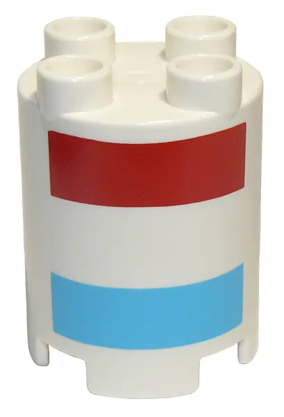 White Duplo, Brick Round 2 x 2 x 2 with Red and Medium Azure Stripes Pattern