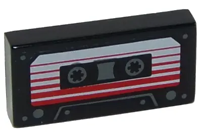Black Tile 1 x 2 with Audio Cassette, White Label with Red Stripes Pattern