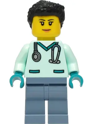 Wildlife Rescue Veterinarian - Female, Light Aqua Scrubs, Sand Blue Legs, Black Hair