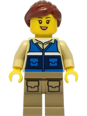Wildlife Rescue Worker - Female, Blue Vest with 'RESCUE' Pattern on Back, Dark Tan Legs with Pockets