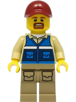 Wildlife Rescue Worker - Male, Dark Red Cap, Blue Vest with 'RESCUE' Pattern on Back, Dark Tan Legs 