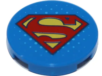 Blue Tile, Round 2 x 2 with Bottom Stud Holder with Red and Yellow Superman 'S' Logo Pattern