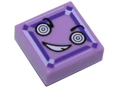 Medium Lavender Tile 1 x 1 with White Hypnotic Eyes, Crooked Smile with Teeth, Lavender and Dark Pur