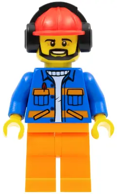 Airport Flagger - Male, Blue Jacket with Diagonal Lower Pockets and Orange Stripes, Orange Legs, Red