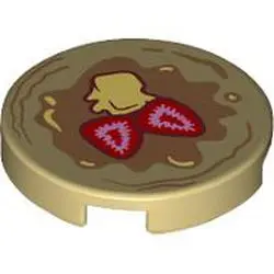 Tan Tile, Round 2 x 2 with Bottom Stud Holder with Pancake with Strawberries and Butter Pattern