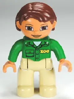 Duplo Figure Lego Ville, Female, Tan Legs, Green Top with 'ZOO' on Front and Back, Reddish Brown Hai