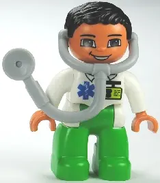 Duplo Figure Lego Ville, Male Medic, Bright Green Legs, White Top with ID Badge and EMT Star of Life